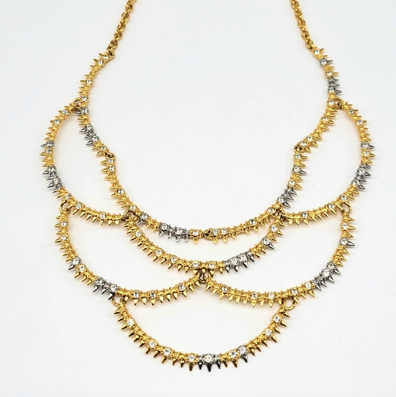 Alexis Bittar Two Tone Silver and Gold Edgy Spiked Bib Necklace with Crystals - Picture 6 of 14
